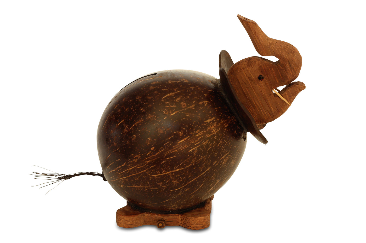 Unique Handmade Coconut Shell Wood Elephant Coin Piggy Bank Handcrafted Wooden Rustic Hand Carved Keepsake Saving Money Adorable Kids Room Decor Gift
