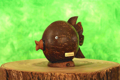 Unique Handmade Coconut Shell Wood Cute Fish Coin Piggy Bank Handcrafted Wooden Hand Carved Keepsake Saving Money Adorable Kids Room Decor Gift