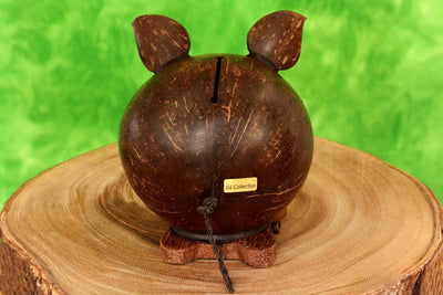 Handmade Coconut Shell Wood Cute Pig Coin Piggy Bank Wooden Hand Carved Keepsake Saving Money Kids