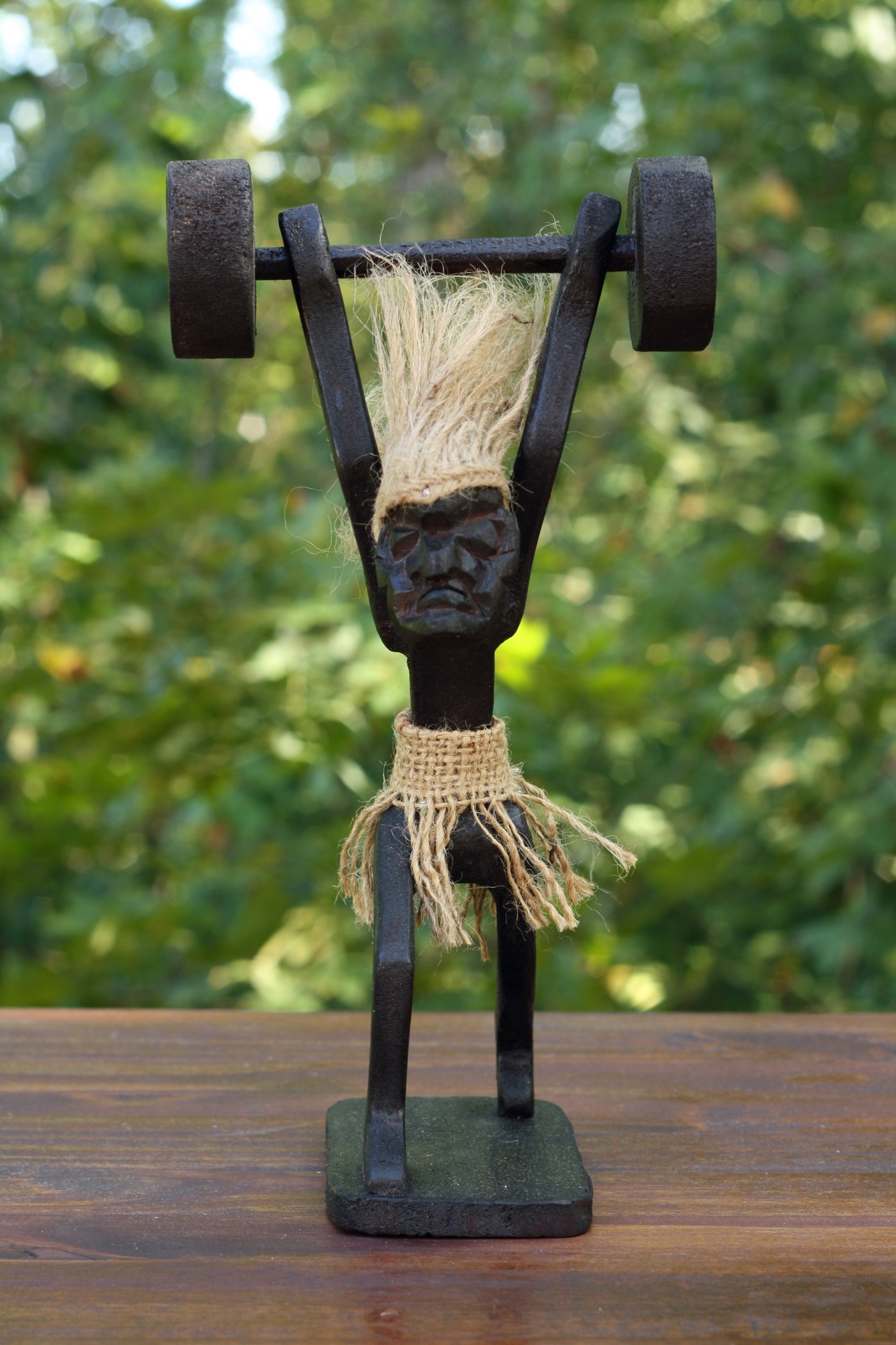 Handmade Wooden Primitive Tribal Weightlifting Funny Statue Sculpture Tiki Bar Handcrafted Unique Gift Decorative Decor Accent Figurine Hand Carved