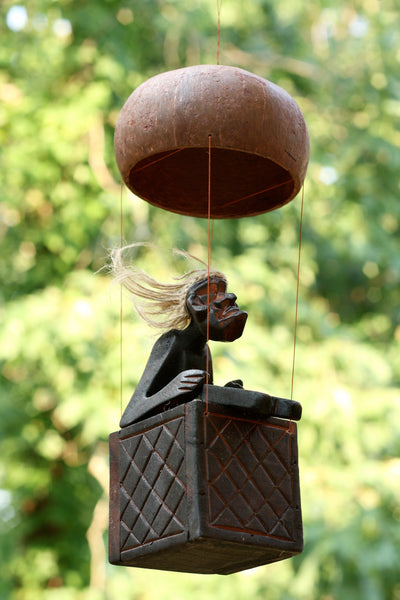 Handmade Wooden Primitive Tribal Funny Statue Riding Hot Air Balloon Sculpture Tiki Bar Handcrafted Unique Gift Decor Accent Figurine Hand Carved