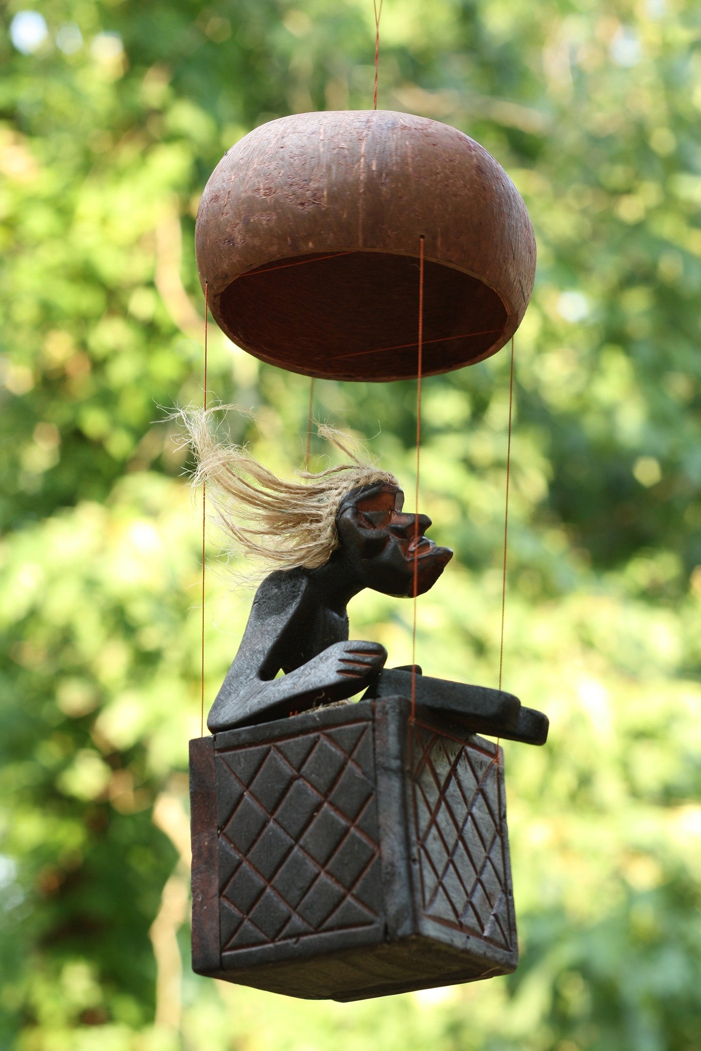 Handmade Wooden Primitive Tribal Funny Statue Riding Hot Air Balloon Sculpture Tiki Bar Handcrafted Unique Gift Decorative Decor Accent Figurine Decoration Hand Carved