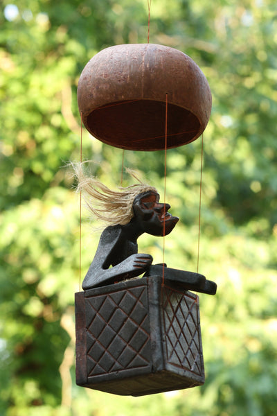 Handmade Wooden Primitive Tribal Funny Statue Riding Hot Air Balloon Sculpture Tiki Bar Handcrafted Unique Gift Decorative Decor Accent Figurine Decoration Hand Carved