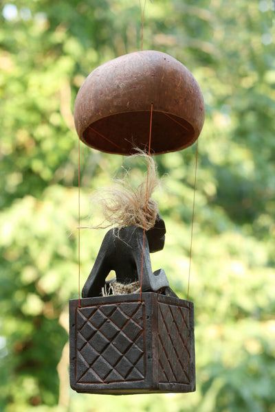 Handmade Wooden Primitive Tribal Funny Statue Riding Hot Air Balloon Sculpture Tiki Bar Handcrafted Unique Gift Decor Accent Figurine Hand Carved