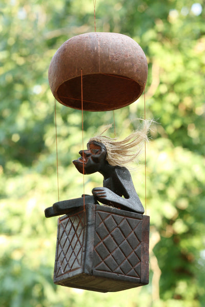 Handmade Wooden Primitive Tribal Funny Statue Riding Hot Air Balloon Sculpture Tiki Bar Handcrafted Unique Gift Decor Accent Figurine Hand Carved