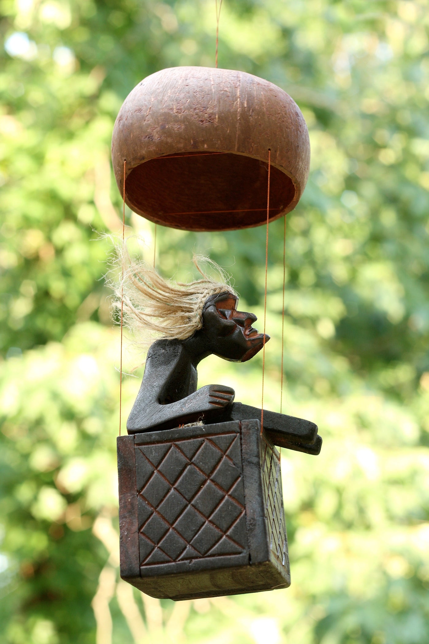 Handmade Wooden Primitive Tribal Funny Statue Riding Hot Air Balloon Sculpture Tiki Bar Handcrafted Unique Gift Decor Accent Figurine Hand Carved