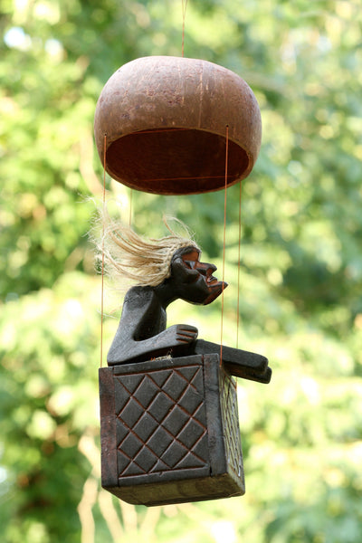 Handmade Wooden Primitive Tribal Funny Statue Riding Hot Air Balloon Sculpture Tiki Bar Handcrafted Unique Gift Decor Accent Figurine Hand Carved