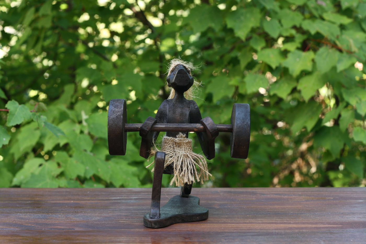 Handmade Wooden Primitive Tribal Statue Weightlifting Clean & Jerk Sculpture Tiki Bar Unique Gift Decorative Figurine Hand Carved Weight Lifting