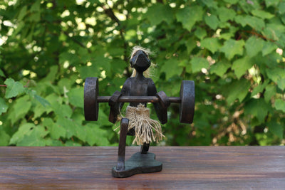 Handmade Wooden Primitive Tribal Statue Weightlifting Clean & Jerk Sculpture Tiki Bar Unique Gift Decorative Figurine Hand Carved Weight Lifting