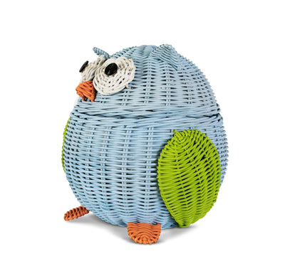 Blue Owl Rattan Storage Basket with Lid Decorative Home Decor Hand Woven Shelf Organizer Cute Handmade Handcrafted Gift Art Decoration Artwork Wicker