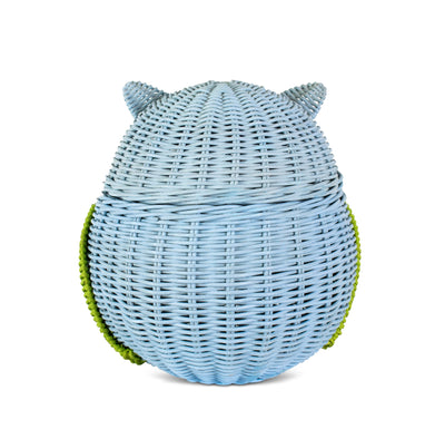 Blue Owl Rattan Storage Basket with Lid Decorative Home Decor Hand Woven Shelf Organizer Cute Handmade Handcrafted Gift Art Decoration Artwork Wicker