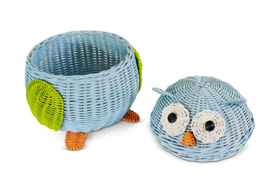 Blue Owl Rattan Storage Basket with Lid Decorative Home Decor Hand Woven Shelf Organizer Cute Handmade Handcrafted Gift Art Decoration Artwork Wicker