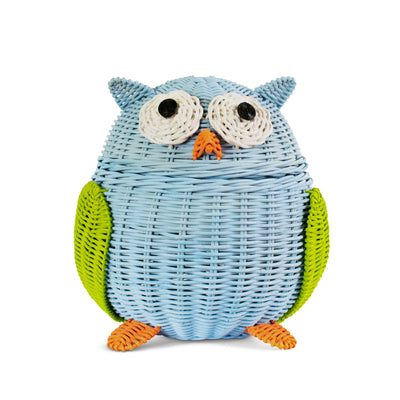 Blue Owl Rattan Storage Basket with Lid Decorative Home Decor Hand Woven Shelf Organizer Cute Handmade Handcrafted Gift Art Decoration Artwork Wicker