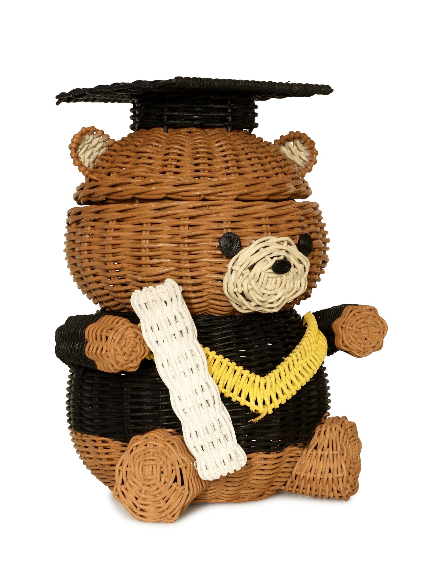 Graduation Bear Rattan Storage Basket with Lid Decorative Home Decor Hand Woven Shelf Organizer Cute Handmade Handcrafted Gift Art Decoration Wicker