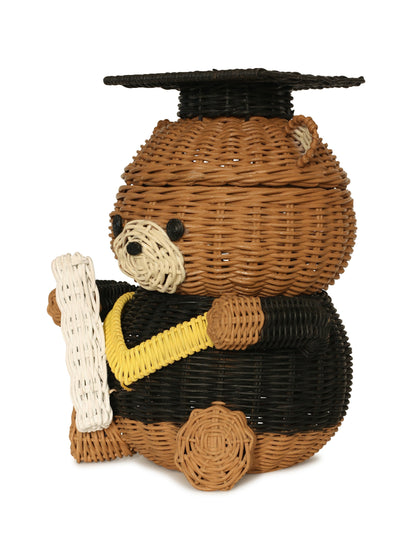 Graduation Bear Rattan Storage Basket with Lid Decorative Home Decor Hand Woven Shelf Organizer Cute Handmade Handcrafted Gift Art Decoration Wicker