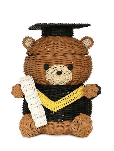 Graduation Bear Rattan Storage Basket with Lid Decorative Home Decor Hand Woven Shelf Organizer Cute Handmade Handcrafted Gift Art Decoration Artwork Wicker