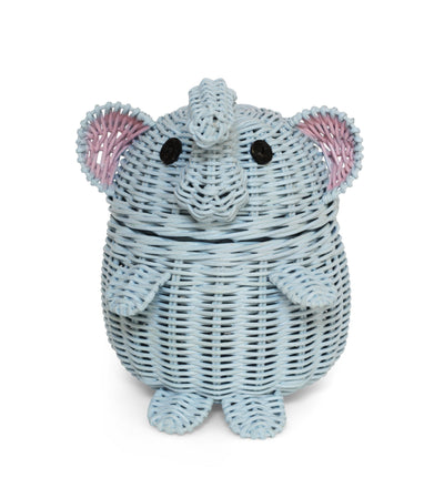 Small Blue Elephant Rattan Storage Basket with Lid Decorative Home Decor Hand Woven Shelf Organizer Cute Handmade Handcrafted Gift Art Decoration Artwork Wicker