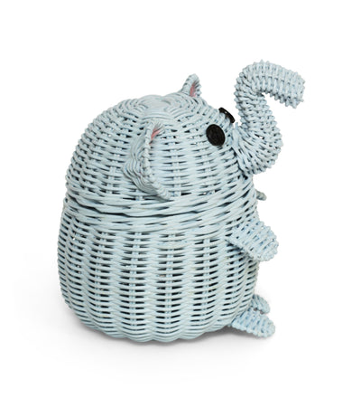 Blue Elephant Rattan Storage Basket With Lid Hand Woven Shelf Organizer Cute Handmade Gift Wicker