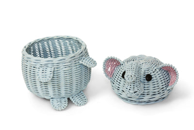 Blue Elephant Rattan Storage Basket With Lid Hand Woven Shelf Organizer Cute Handmade Gift Wicker
