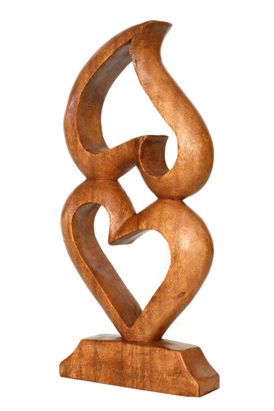 12" Wooden Handmade Abstract Sculpture Statue Handcrafted "Two Hearts, One Love" Gift Art Home Decor Figurine Accent Decoration Artwork Hand Carved