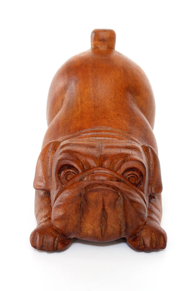 Wooden Hand Carved Crouching English Bulldog Statue Figurine Sculpture Art Decorative Home Decor Accent Handmade Handcrafted Wood Decoration Gift Dog