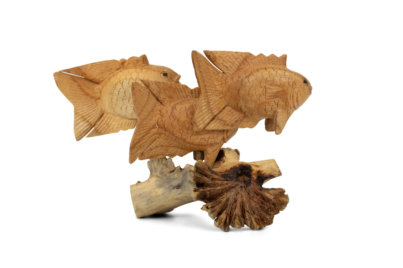 Wooden Hand Carved 3 Fish Swimming Statue Figurine Sculpture Art Home Decor Accent Handmade Gift Handcrafted Seaside Tropical Nautical Ocean Coastal