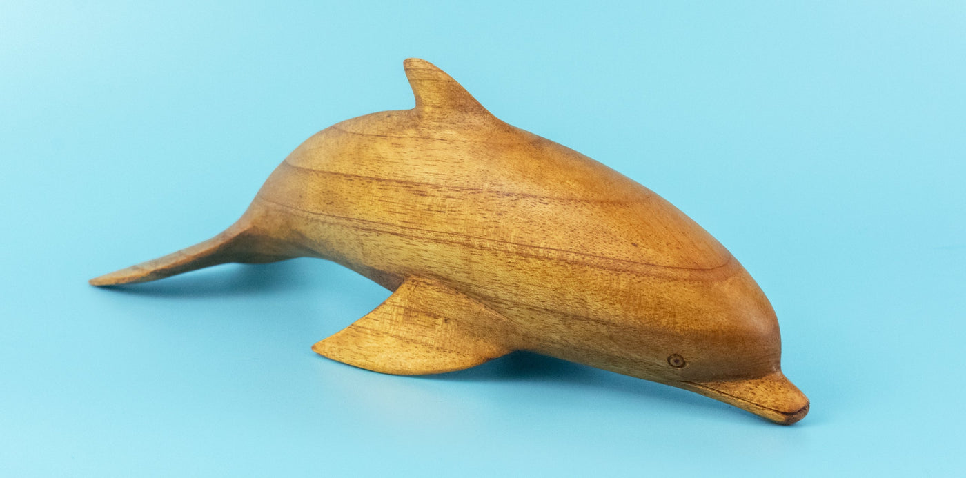 Wooden Hand Carved Dolphin Statue Sculpture Wood Decor Accent Fish Figurine Handmade Seaside Tropical Nautical Ocean Coastal Swimming Diving Dolphin