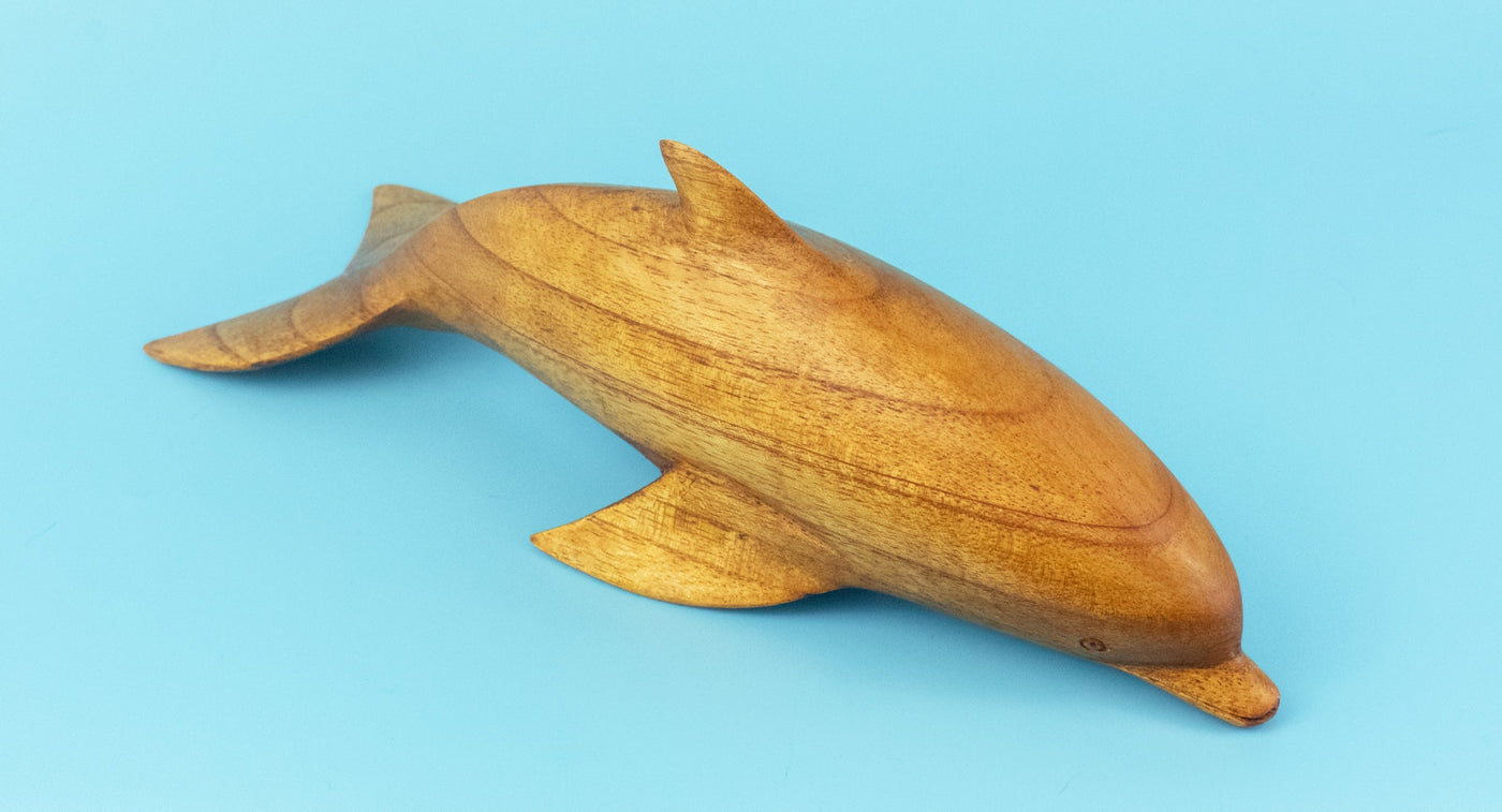 Wooden Hand Carved Dolphin Statue Sculpture Wood Decor Accent Fish Figurine Handmade Seaside Tropical Nautical Ocean Coastal Swimming Diving Dolphin