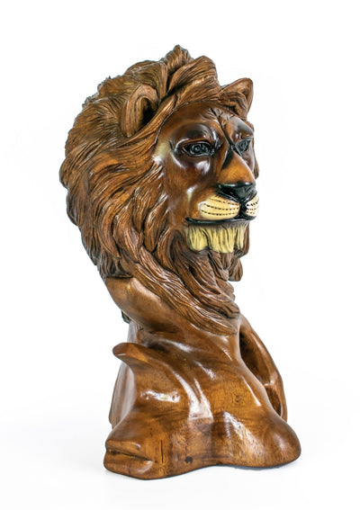 16" Solid Wood Hand Carved Lion Head Statue Sculpture Handcrafted Art Decoration Home Decor Accent Decorative Wood Figurine Handmade