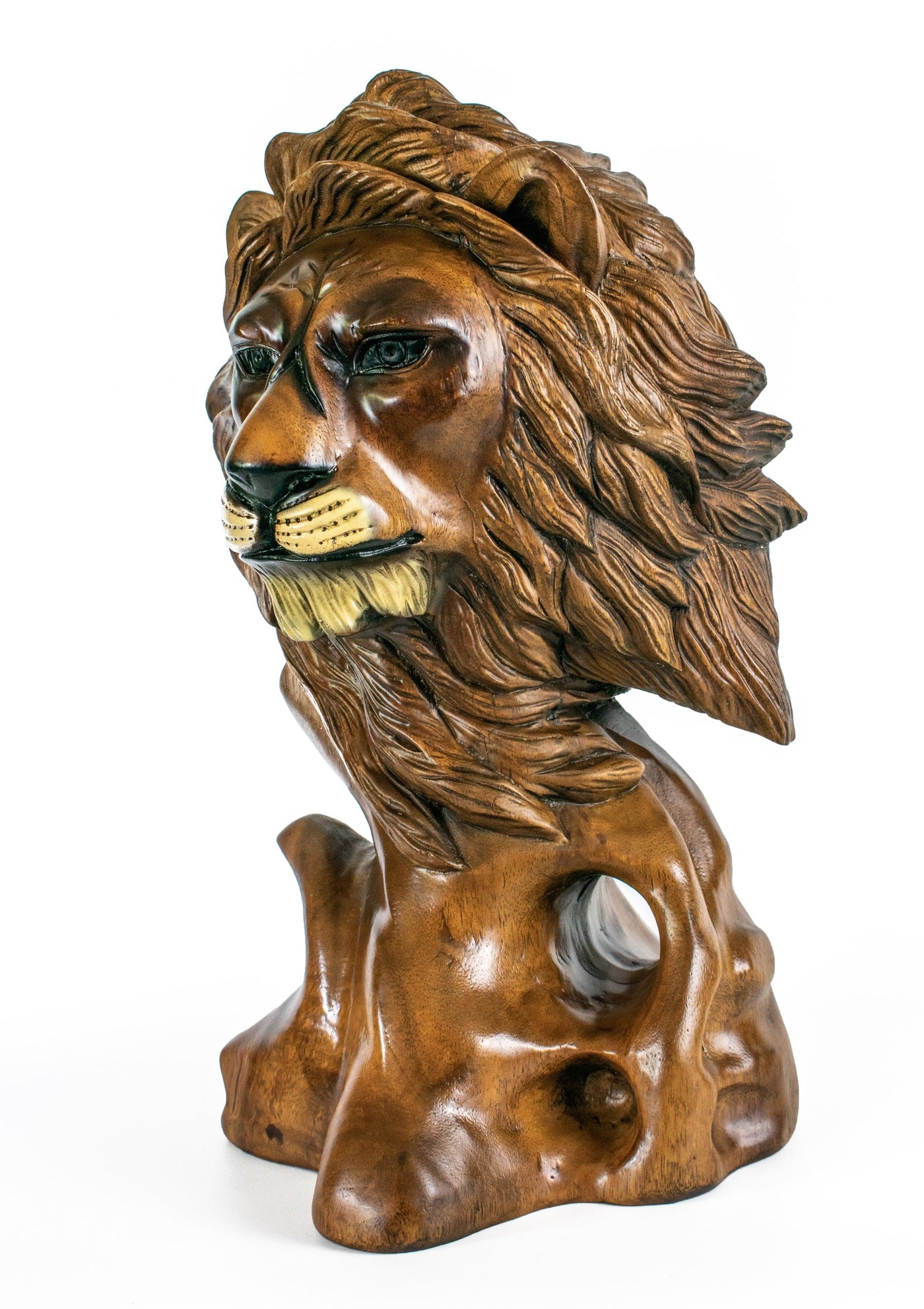 16" Solid Wood Hand Carved Lion Head Statue Sculpture Handcrafted Art Decoration Home Decor Accent Decorative Wood Figurine Handmade