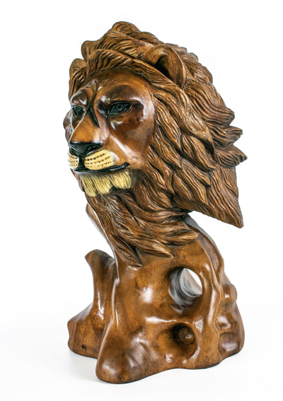 16" Solid Wood Hand Carved Lion Head Statue Sculpture Handcrafted Art Decoration Home Decor Accent Decorative Wood Figurine Handmade