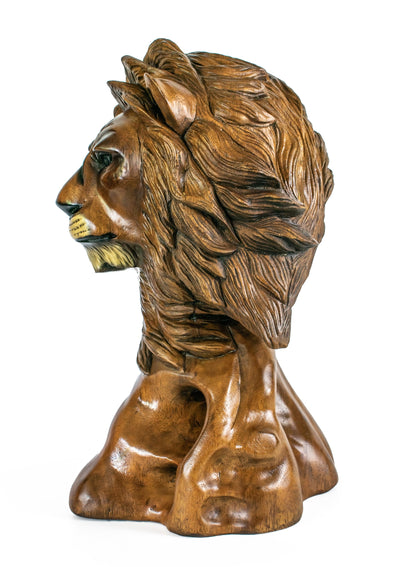 16" Solid Wood Hand Carved Lion Head Statue Sculpture Handcrafted Art Decoration Home Decor Accent Decorative Wood Figurine Handmade