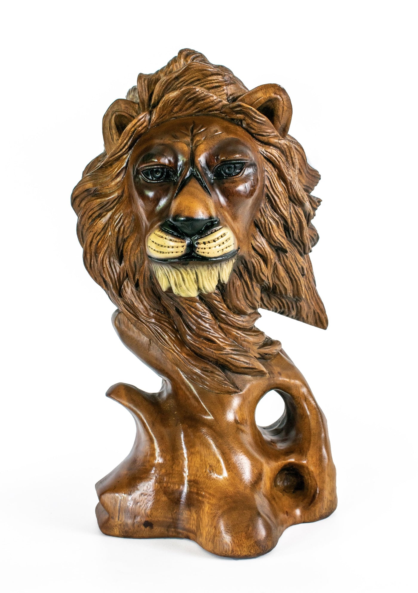 16" Solid Wood Hand Carved Lion Head Statue Sculpture Handcrafted Art Decoration Home Decor Accent Decorative Wood Figurine Handmade