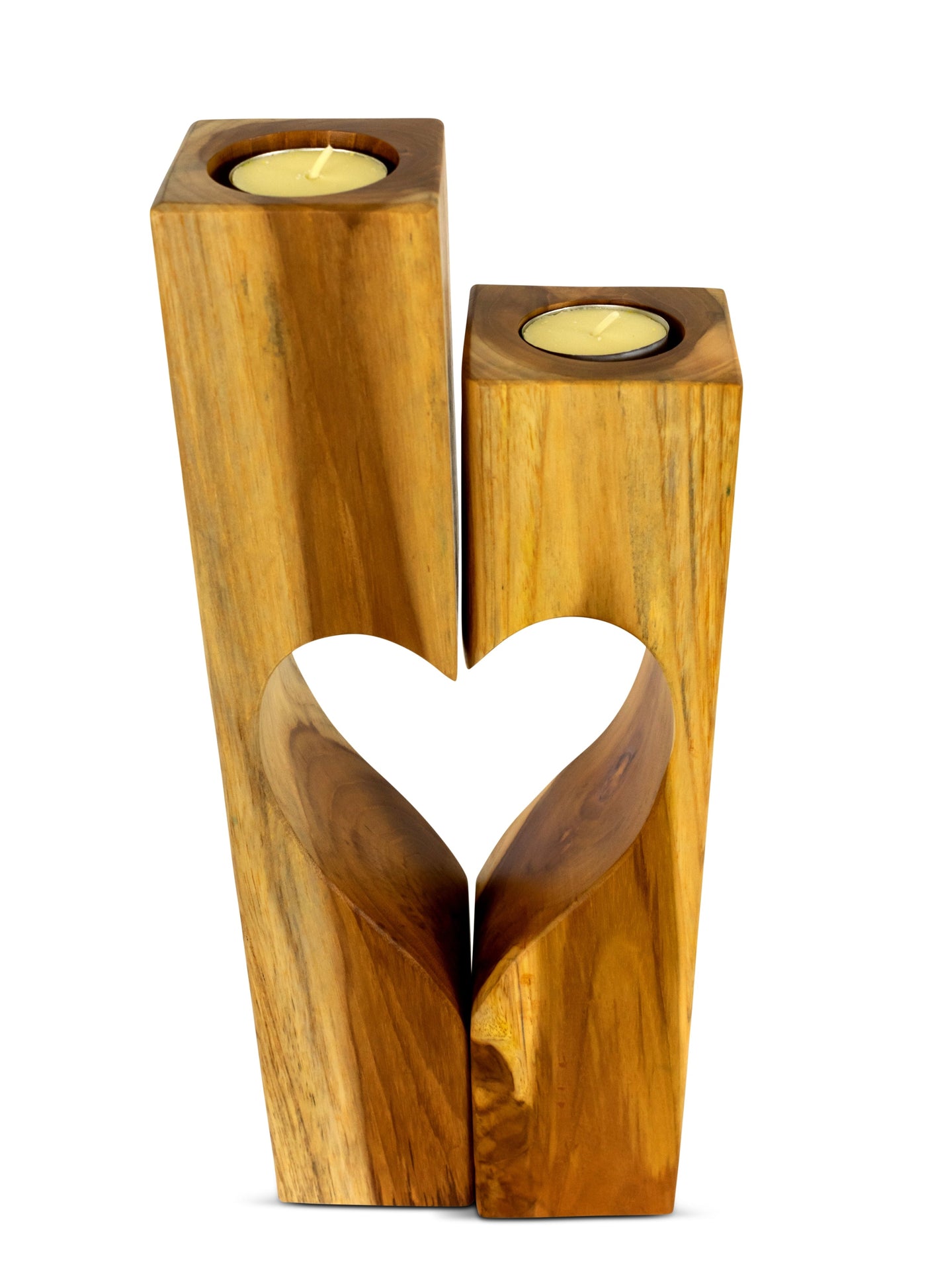 Set of 2 Wooden Hand Carved Candle Holder Heart Shaped Decorative Home Decor Accent Gift Handcrafted Decoration Candlestick Handmade Tea Light