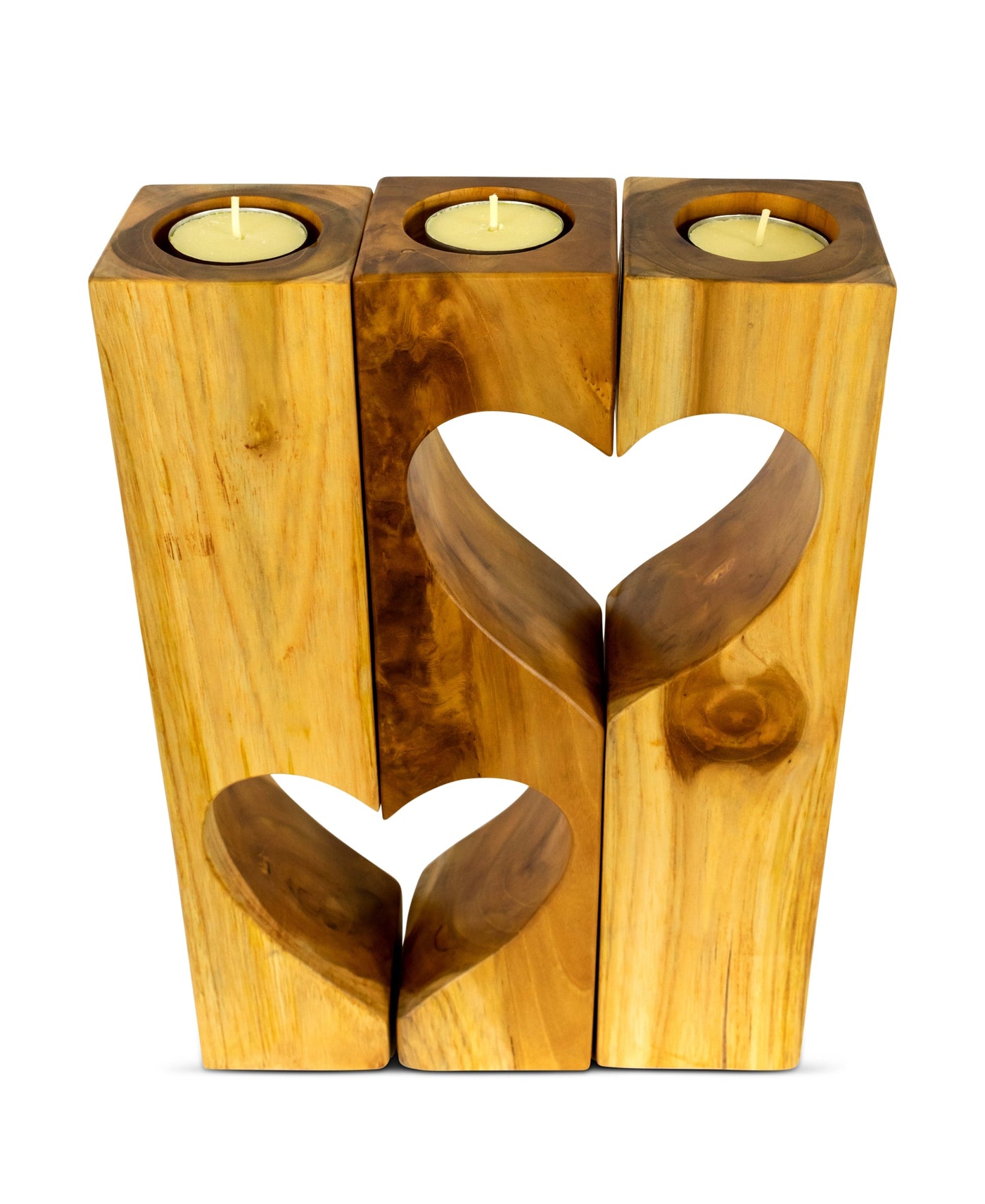 Set of 3 Wooden Hand Carved Candle Holder Heart Shaped Decorative Home Decor Accent Gift Handcrafted Decoration Candlestick Handmade Tea Light