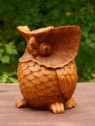 Wooden Hand Carved Owl Statue Figurine Sculpture Art Decorative Home Decor Accent Handmade Handcrafted Decoration Bird Hoot