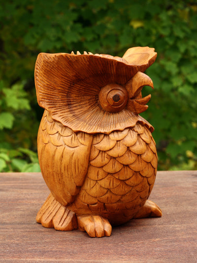 Wooden Hand Carved Owl Statue Figurine Sculpture Art Decorative Home Decor Accent Handmade Handcrafted Decoration Bird Hoot