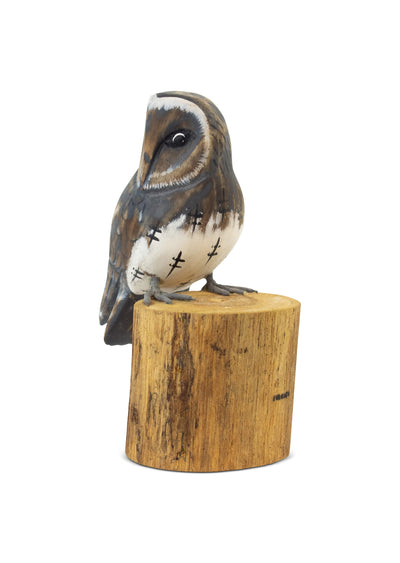 Wooden Hand Carved Owl Standing on Log Statue Bird Figurine Sculpture Art Decorative Home Decor Accent Gift Handcrafted Decoration Handmade