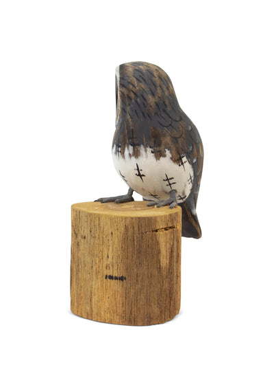 10" Wooden Hand Carved Owl Standing on Log Statue Bird Figurine Sculpture Art Decorative Home Decor Accent Gift Handcrafted Decoration Handmade