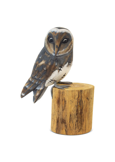 10" Wooden Hand Carved Owl Standing on Log Statue Bird Figurine Sculpture Art Decorative Home Decor Accent Gift Handcrafted Decoration Handmade