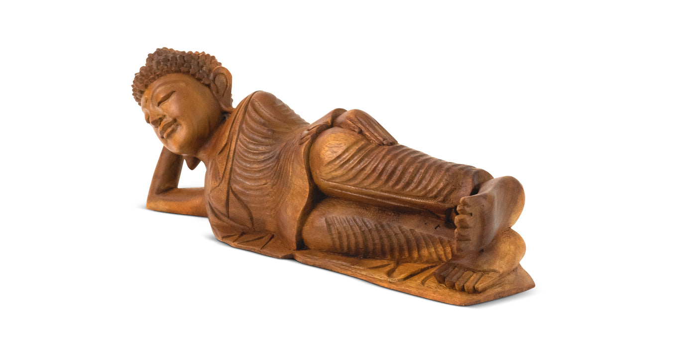 Wooden Hand Carved Serene Reclining Buddha Statue Sculpture Handmade Figurine Decorative Home Decor Accent Handcrafted Traditional Modern Lying Buddha