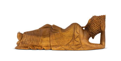 Wooden Hand Carved Serene Reclining Buddha Statue Sculpture Handmade Figurine Decorative Home Decor Accent Handcrafted Traditional Modern Lying Buddha