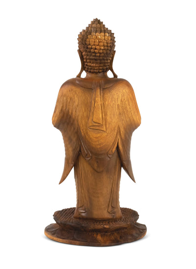 16" Wooden Hand Carved Serene Standing Buddha Statue Handmade Meditating Sculpture Figurine Home Decor Accent Handcrafted Gift Art Wood Oriental