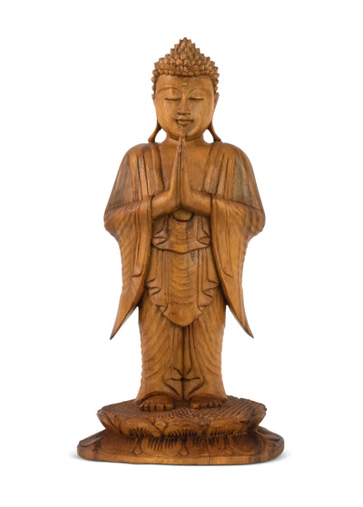 16" Wooden Hand Carved Serene Standing Buddha Statue Handmade Meditating Sculpture Figurine Home Decor Accent Handcrafted Gift Art Wood Oriental