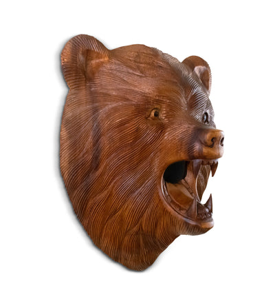 12" Wooden Hand Carved Wall Bear Head Mask Hanging Handcrafted Handmade Figurine Sculpture Lodge Cabin Outdoor Indoor Decorative Home Decor Accent