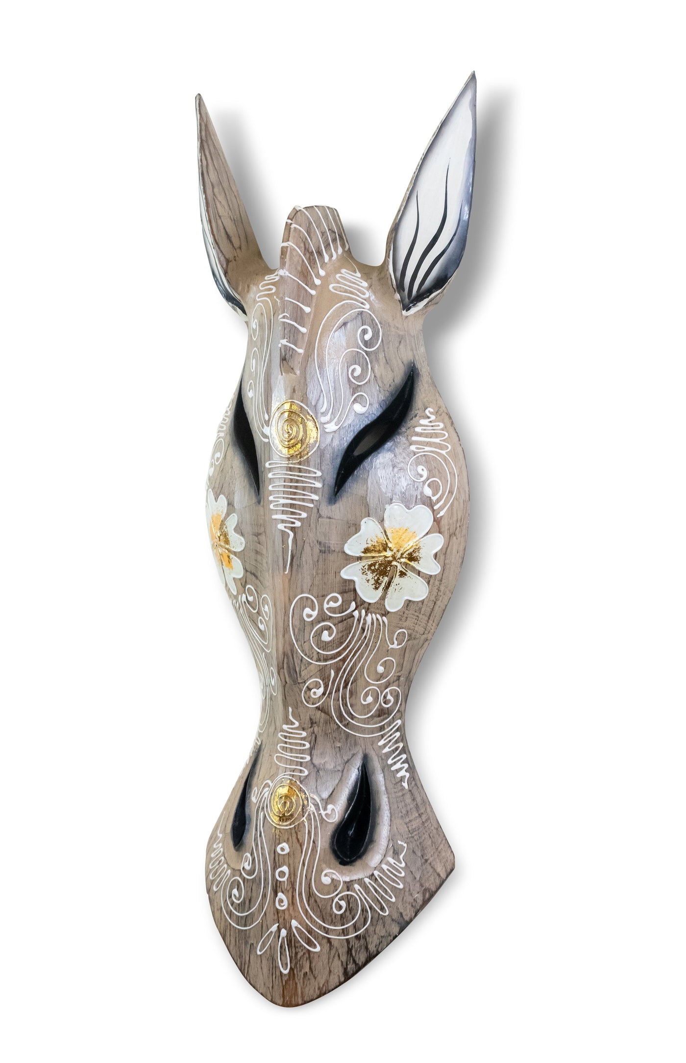 Wooden Tribal African Giraffe Mask Hand Carved Wall Plaque Hanging Home Decor Accent Sculpture Decoration Handmade Handcrafted Cream Flower Motif