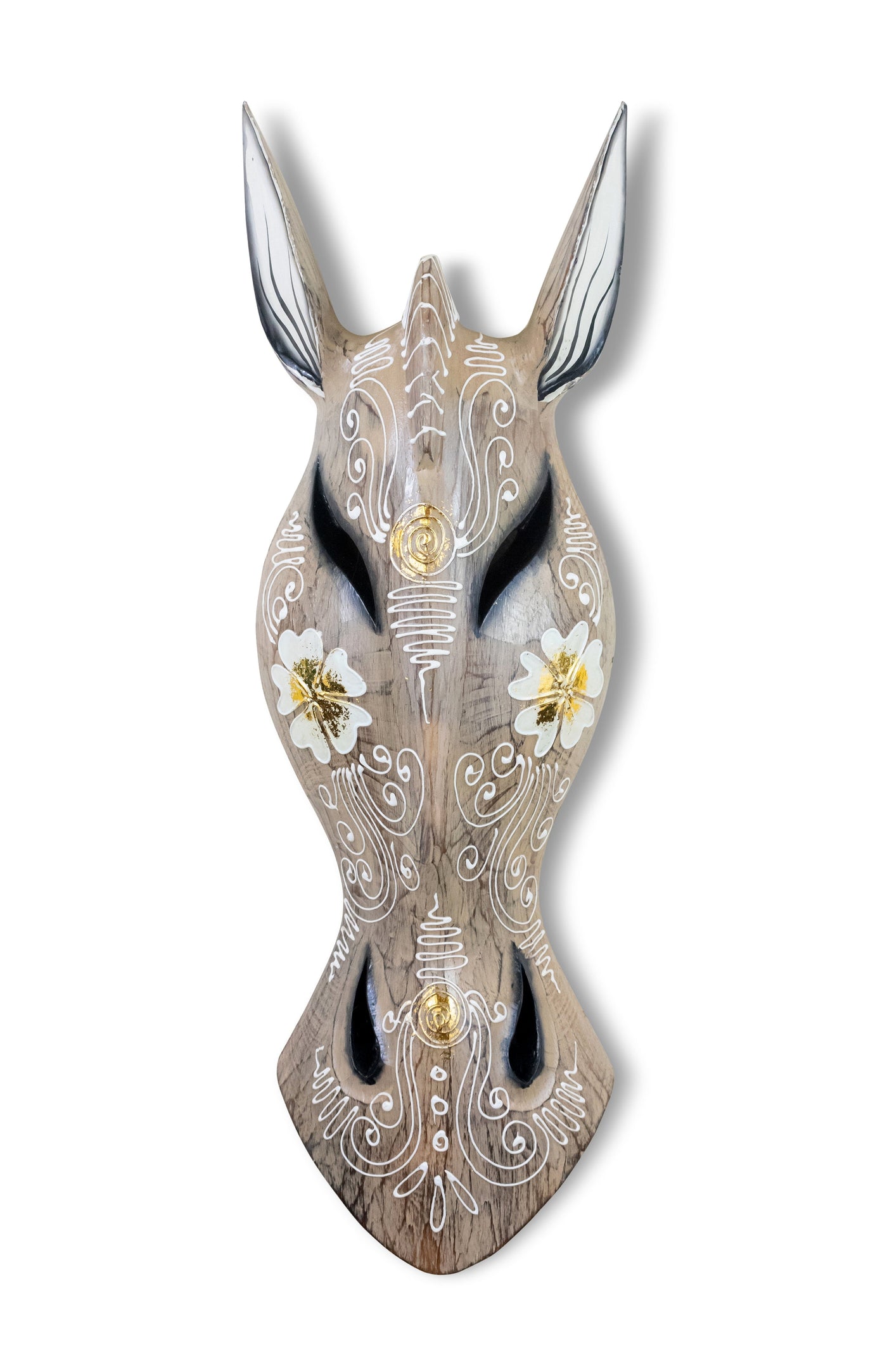 Wooden Tribal African Giraffe Mask Hand Carved Wall Plaque Hanging Home Decor Accent Sculpture Decoration Handmade Handcrafted Cream Flower Motif