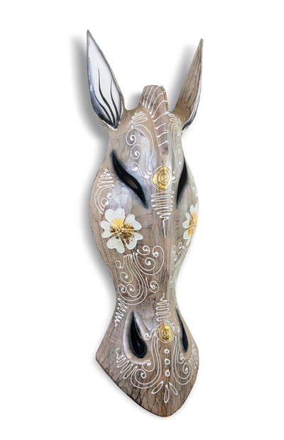 Wooden Tribal African Giraffe Mask Hand Carved Wall Plaque Hanging Home Decor Accent Sculpture Decoration Handmade Handcrafted Cream Flower Motif