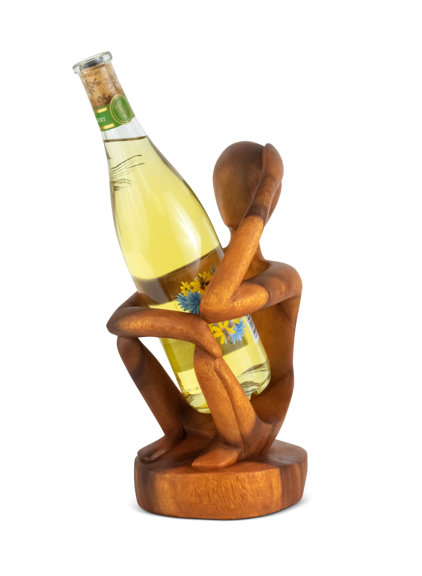 12" Wooden Abstract Hand Carved Wine Rack Bottle Holder "Thinking Man" Free Standing Thinker Handmade Wood Home Decor Accent Gift Bar Art Handcrafted