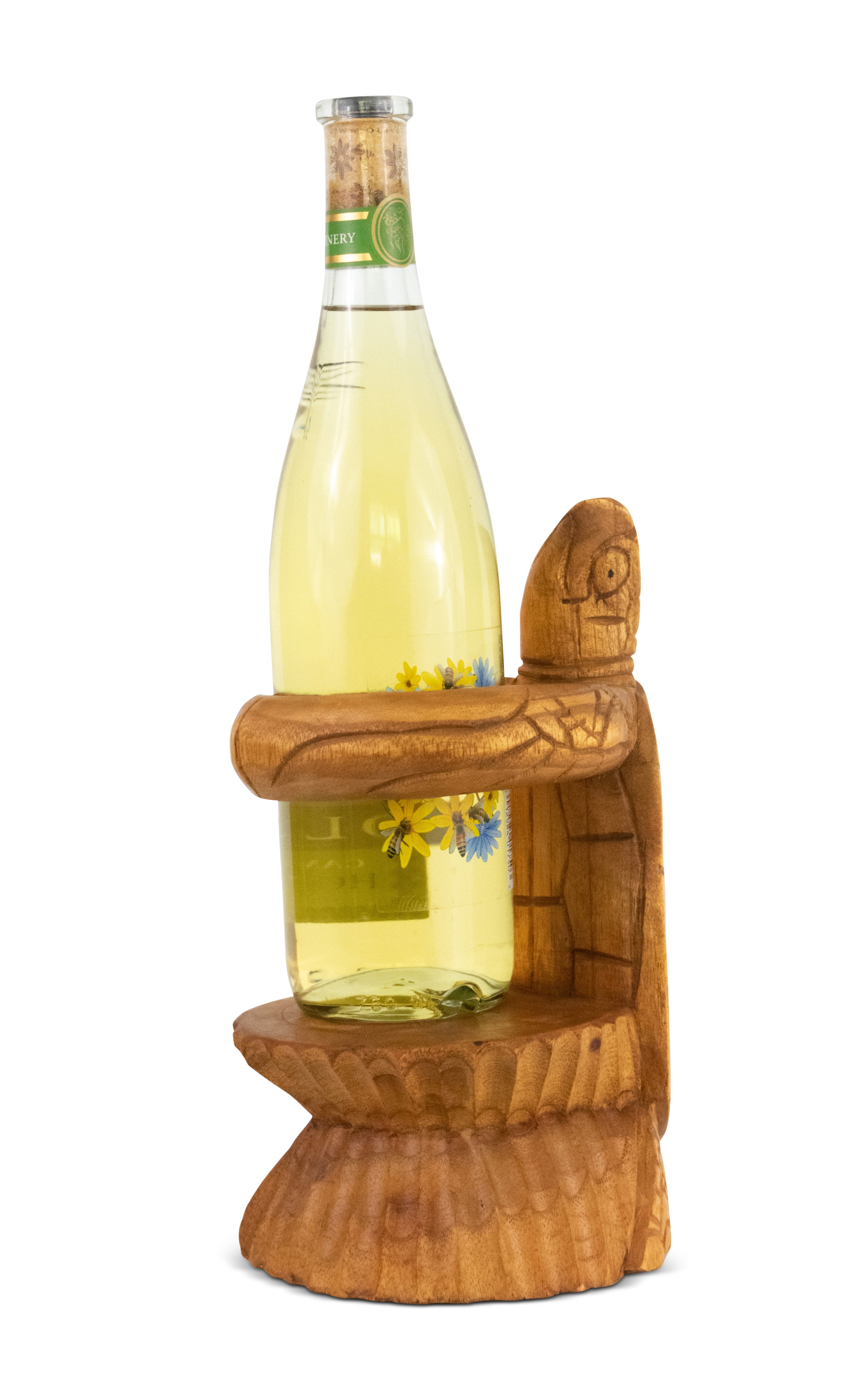 Wooden Hand Carved Turtle Wine Bottle Holder Rack Handmade Tabletop Wo
